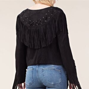 Vocal Western Fringe Festival Lightweight Faux Suede Criss Cross Eyelet Jacket